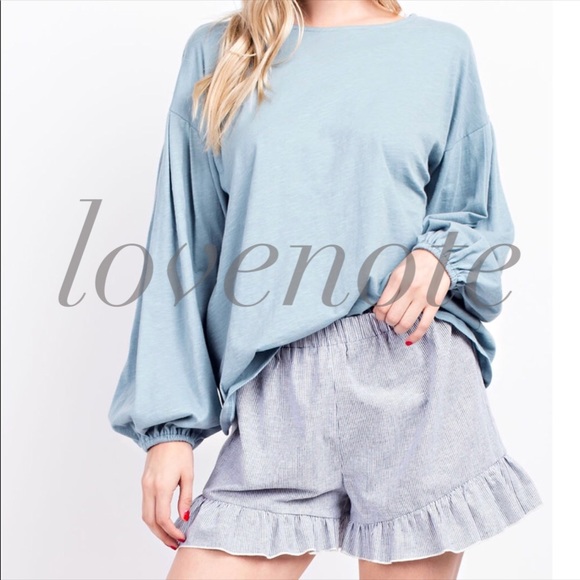 Blue 💯 Cotton Slub Gathered Long Balloon Sleeve - Picture 2 of 3